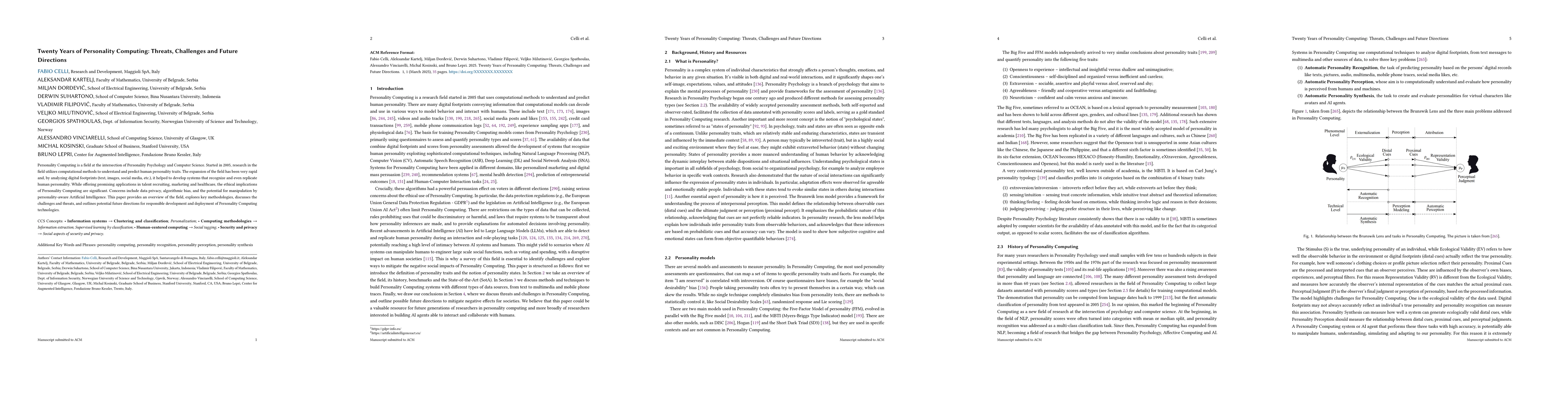 Thumbnail for Twenty Years of Personality Computing: Threats, Challenges and Future
  Directions