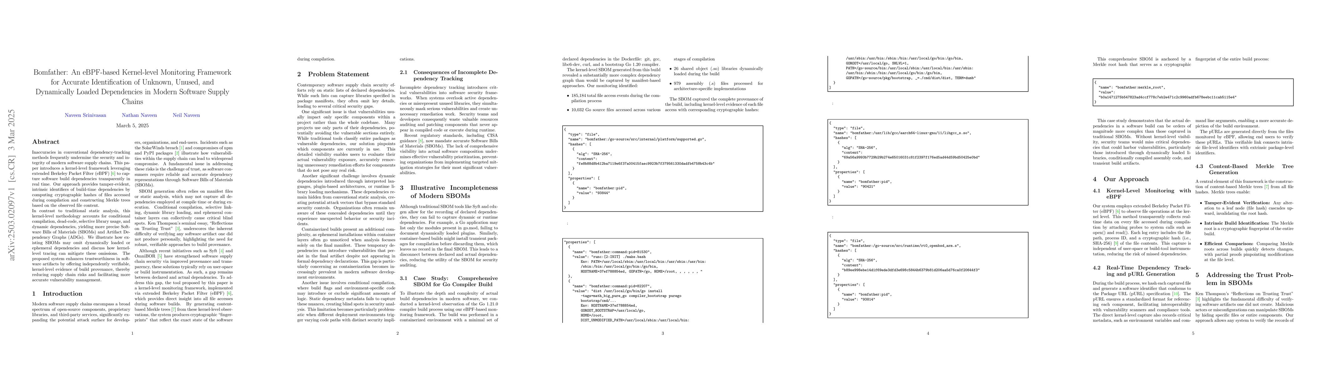 Thumbnail for Bomfather: An eBPF-based Kernel-level Monitoring Framework for Accurate
  Identification of Unknown, Unused, and Dynamically Loaded Dependencies in
  Modern Software Supply Chains