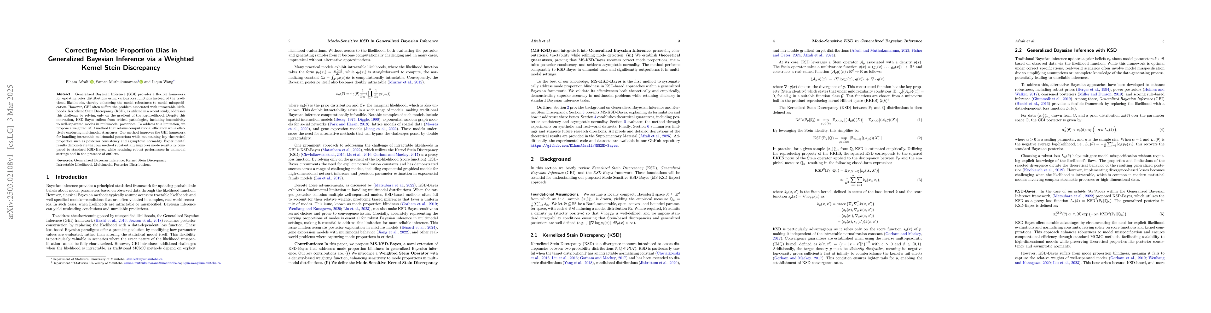 Thumbnail for Correcting Mode Proportion Bias in Generalized Bayesian Inference via a
  Weighted Kernel Stein Discrepancy