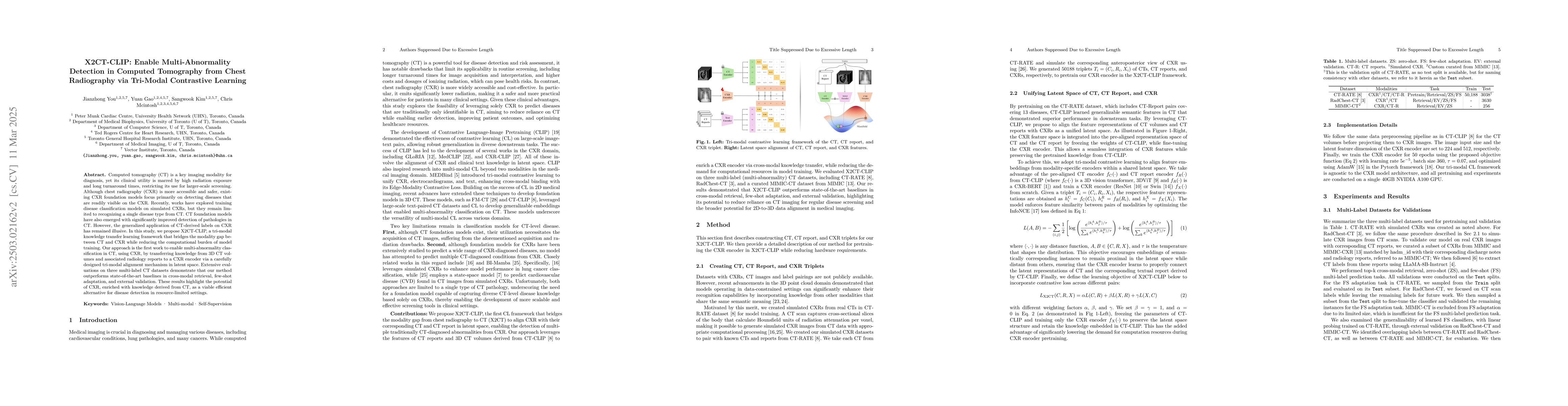 Thumbnail for X2CT-CLIP: Enable Multi-Abnormality Detection in Computed Tomography
  from Chest Radiography via Tri-Modal Contrastive Learning