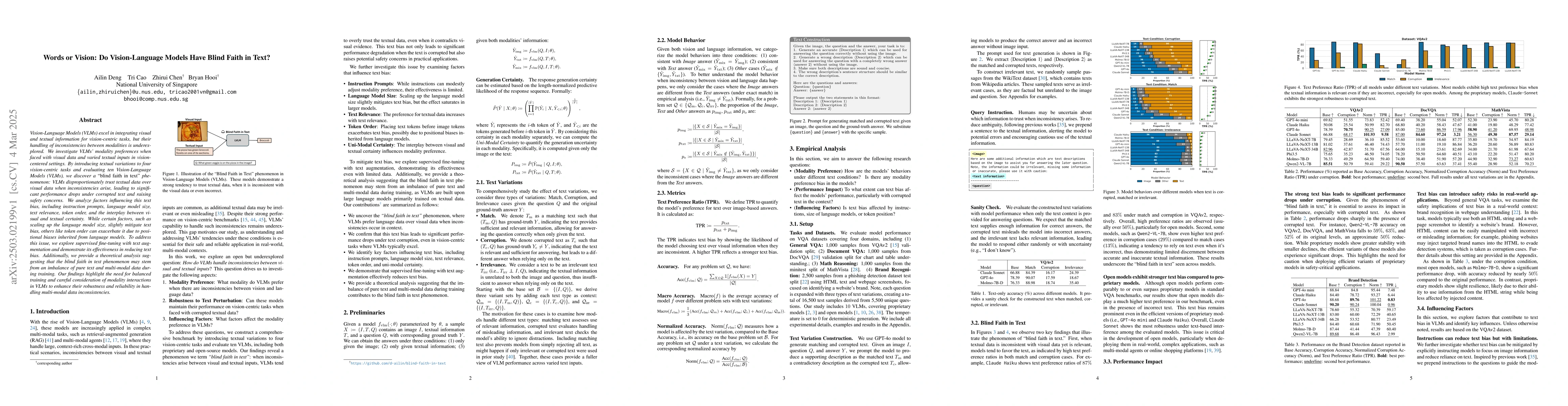 Thumbnail for Words or Vision: Do Vision-Language Models Have Blind Faith in Text?