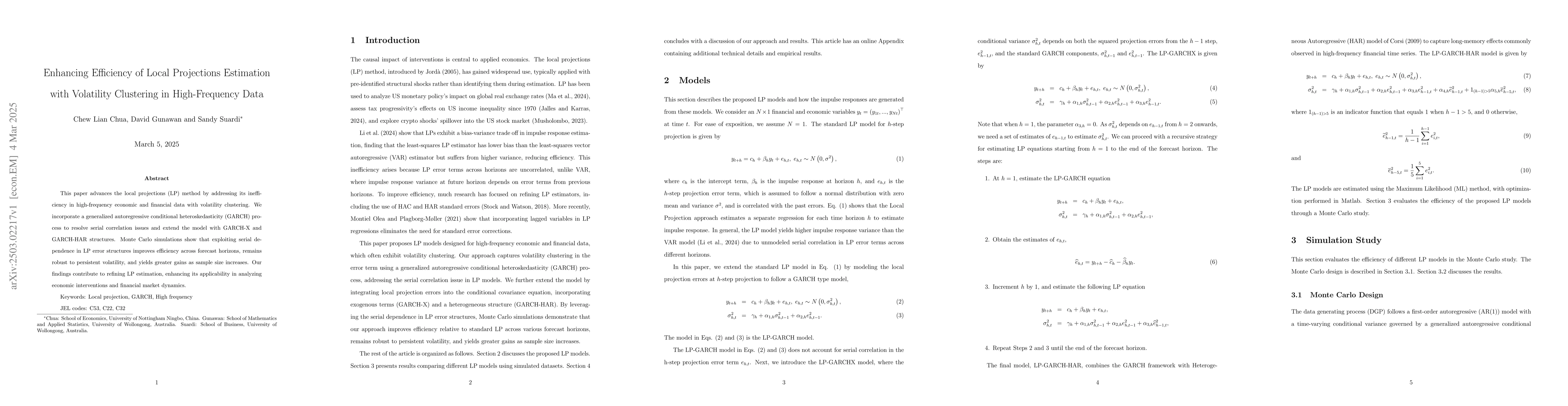 Thumbnail for Enhancing Efficiency of Local Projections Estimation with Volatility
  Clustering in High-Frequency Data