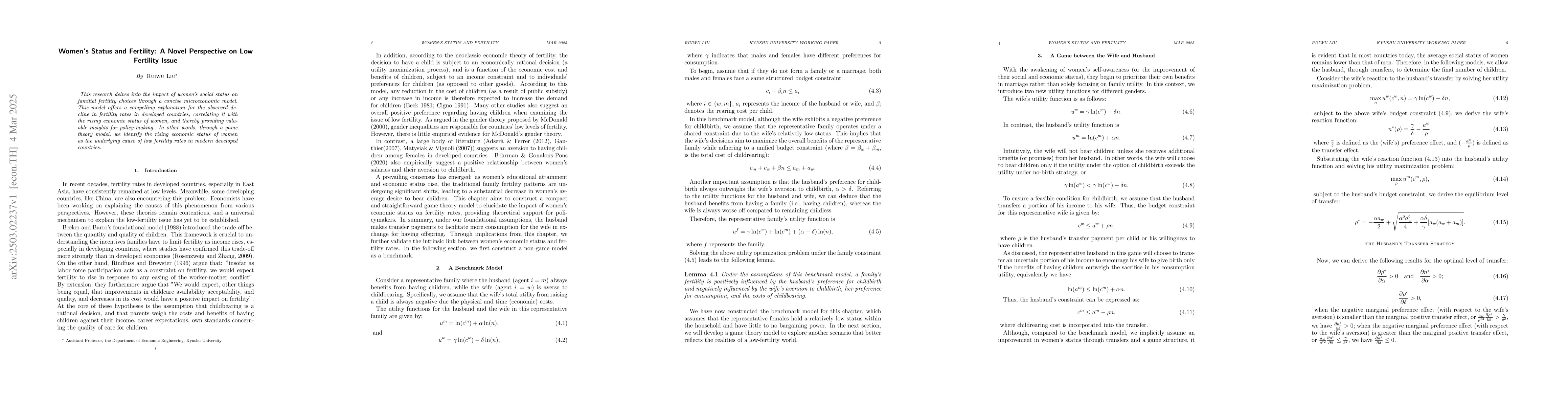 Thumbnail for Women's Status and Fertility: A Novel Perspective on Low Fertility Issue