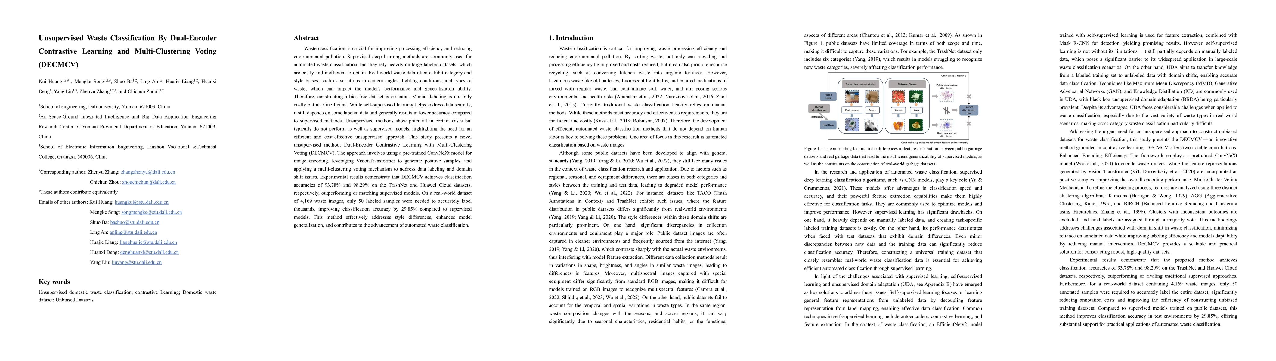 Thumbnail for Unsupervised Waste Classification By Dual-Encoder Contrastive Learning
  and Multi-Clustering Voting (DECMCV)