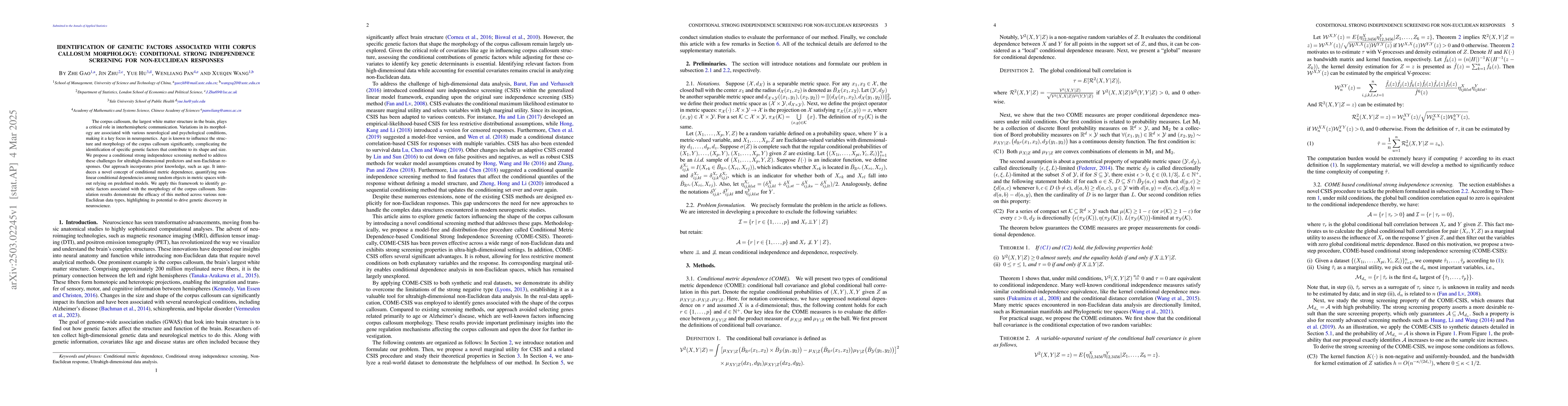 Thumbnail for Identification of Genetic Factors Associated with Corpus Callosum
  Morphology: Conditional Strong Independence Screening for Non-Euclidean
  Responses