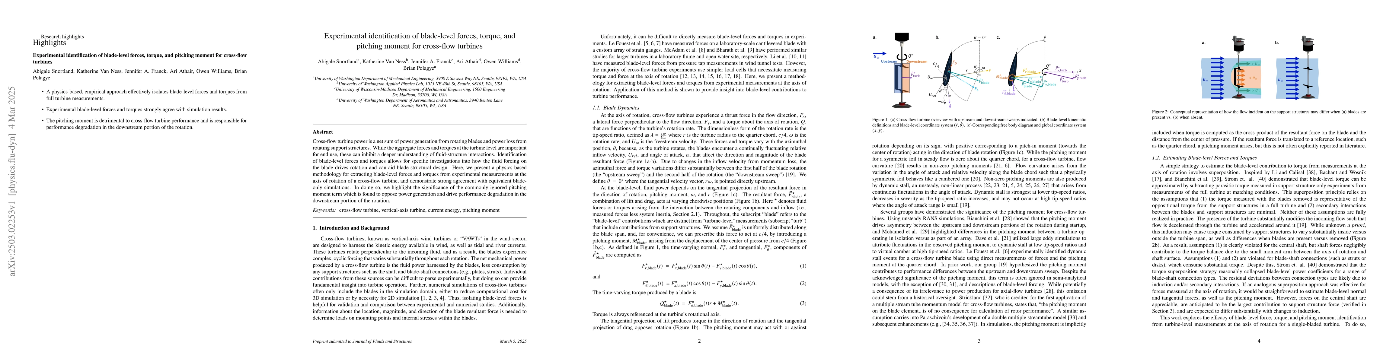 Thumbnail for Experimental identification of blade-level forces, torque, and pitching
  moment for cross-flow turbines