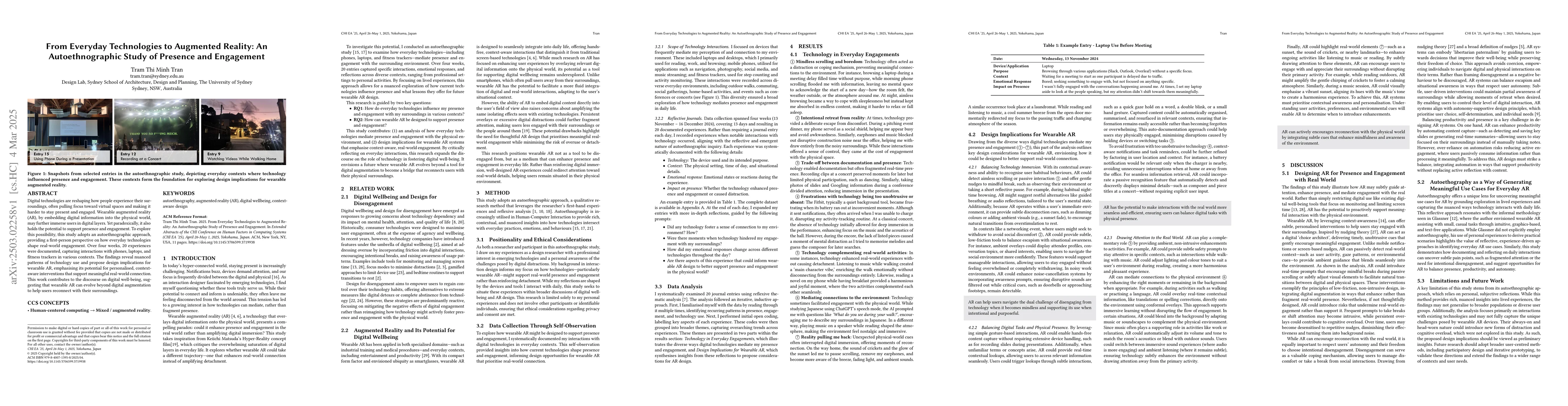 Thumbnail for From Everyday Technologies to Augmented Reality: An Autoethnographic
  Study of Presence and Engagement