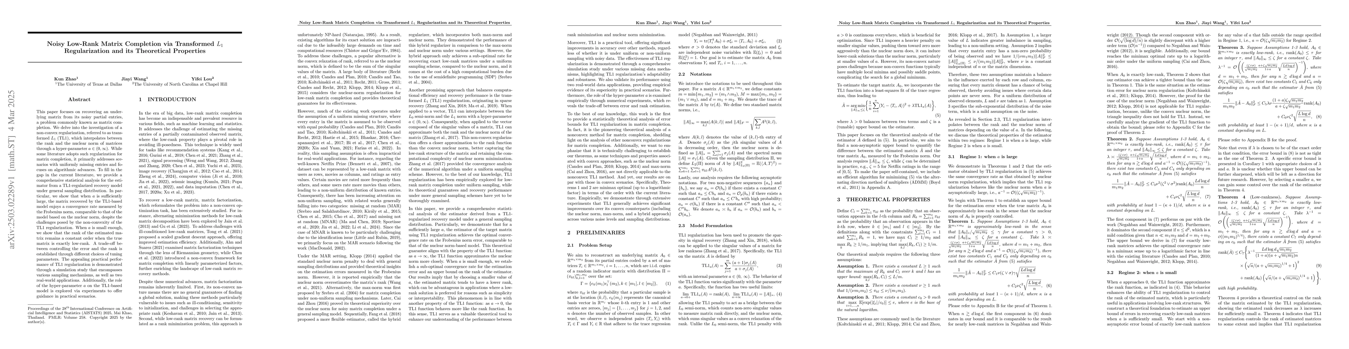 Thumbnail for Noisy Low-Rank Matrix Completion via Transformed $L_1$ Regularization
  and its Theoretical Properties