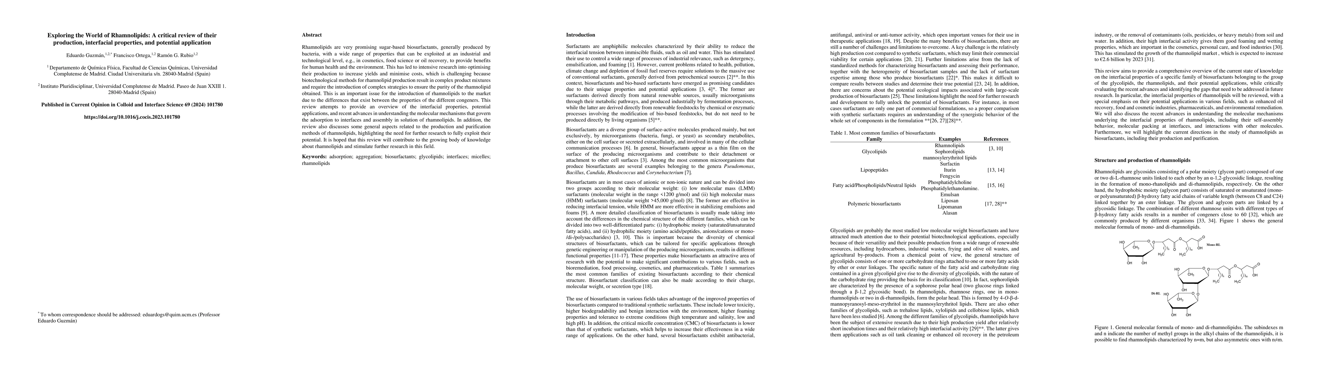Thumbnail for Exploring the world of rhamnolipids: A critical review of their
  production, interfacial properties, and potential application