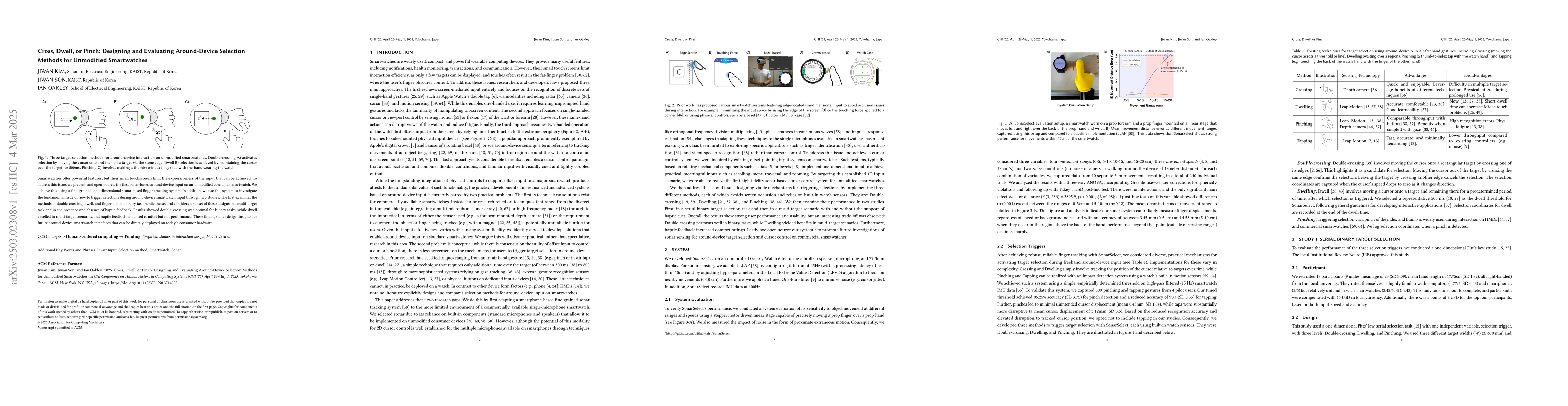 Thumbnail for Cross, Dwell, or Pinch: Designing and Evaluating Around-Device Selection
  Methods for Unmodified Smartwatches