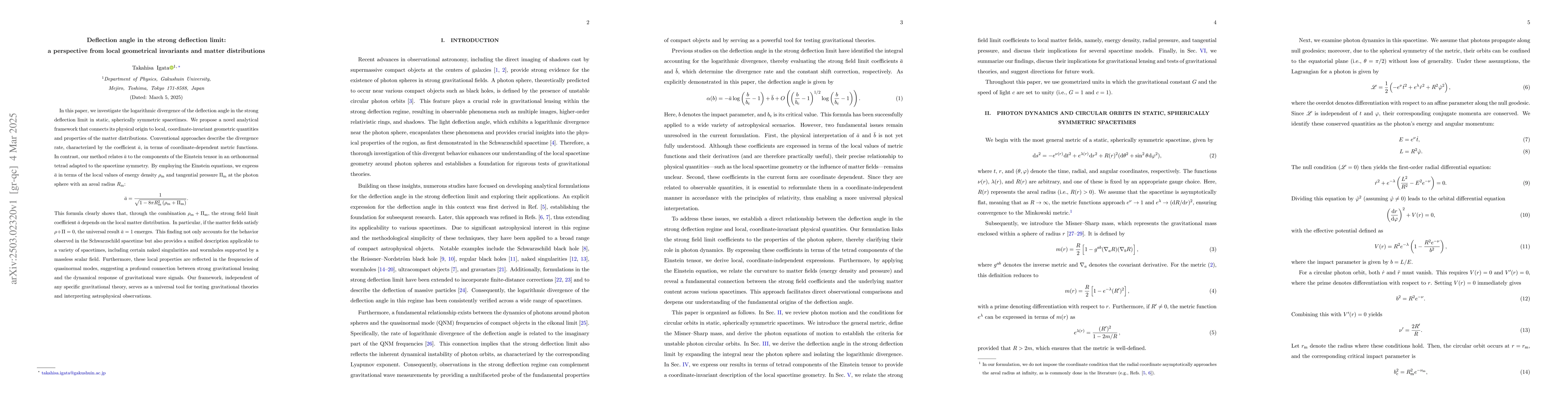 Thumbnail for Deflection angle in the strong deflection limit: a perspective from
  local geometrical invariants and matter distributions