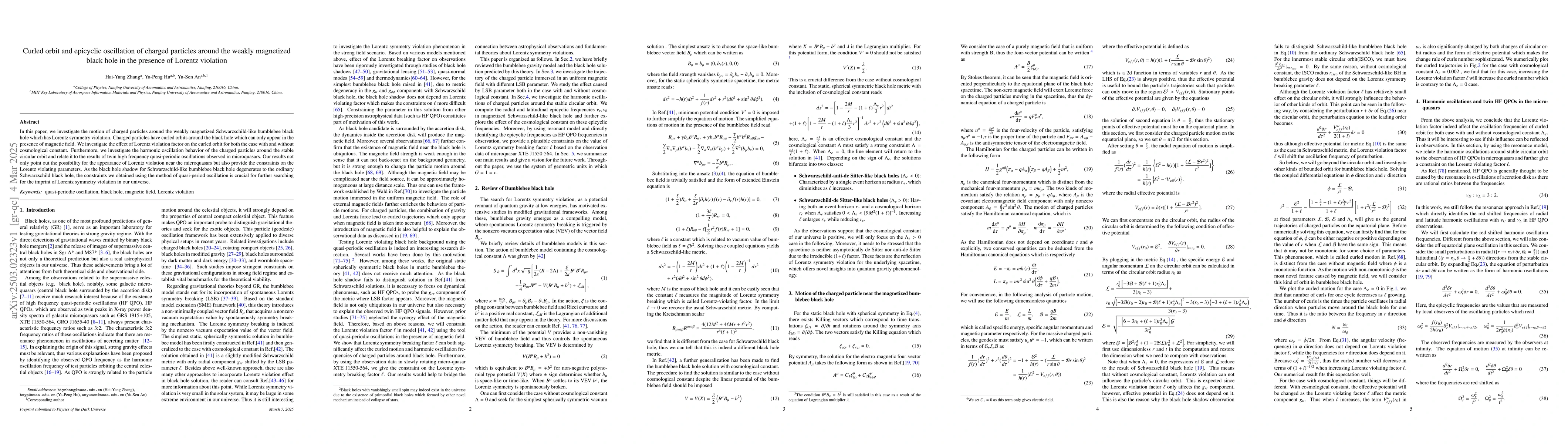 Thumbnail for Curled orbit and epicyclic oscillation of charged particles around the
  weakly magnetized black hole in the presence of Lorentz violation