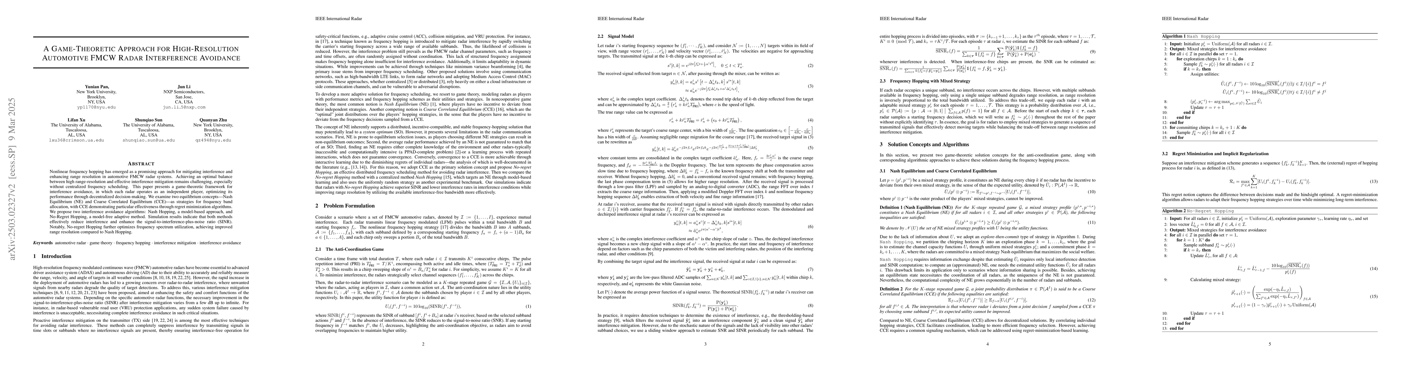 Thumbnail for A Game-Theoretic Approach for High-Resolution Automotive FMCW Radar
  Interference Avoidance