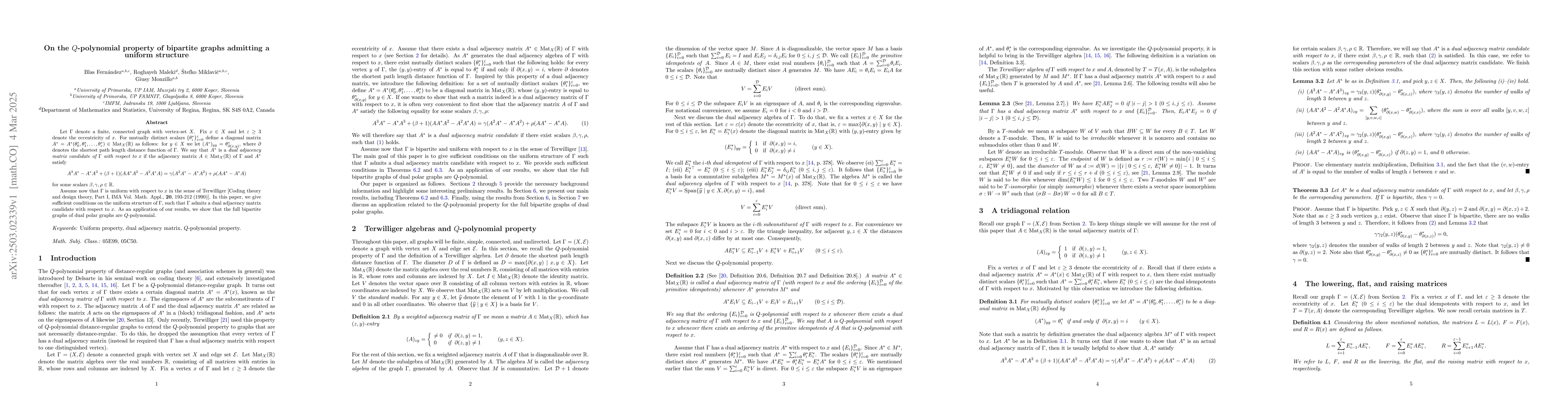 Thumbnail for On the $Q$-polynomial property of bipartite graphs admitting a uniform
  structure