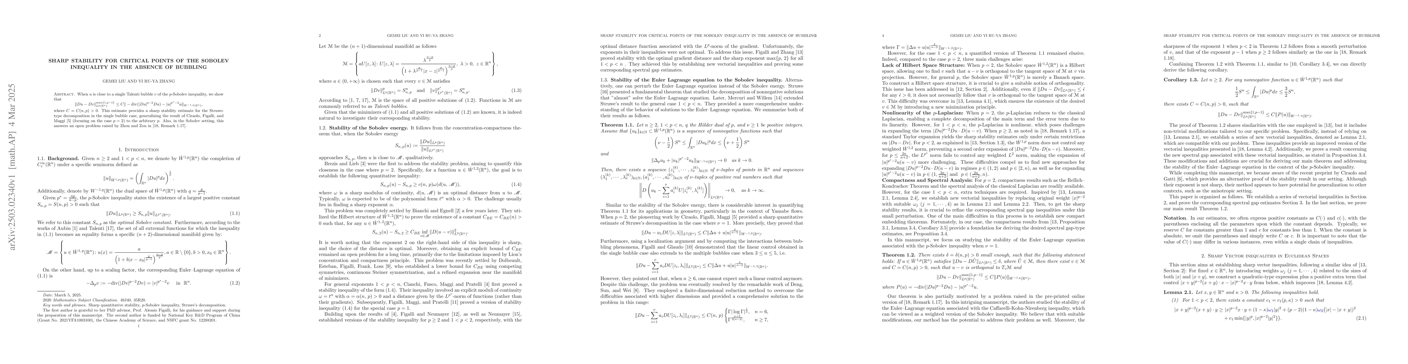 Thumbnail for Sharp stability for critical points of the Sobolev inequality in the
  absence of bubbling
