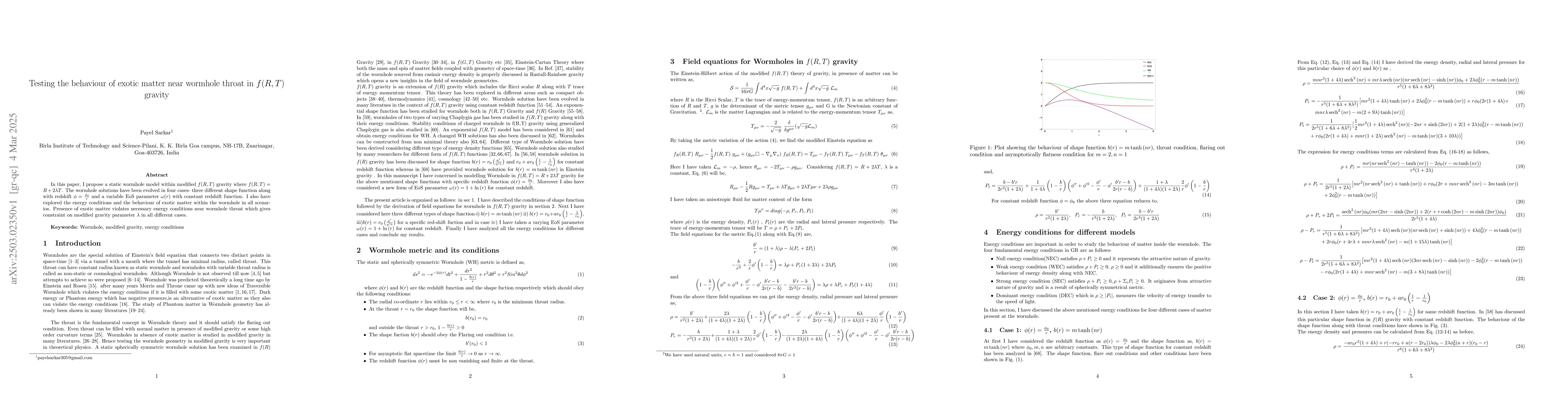 Thumbnail for Testing the behaviour of exotic matter near wormhole throat in $f(R,T)$
  gravity