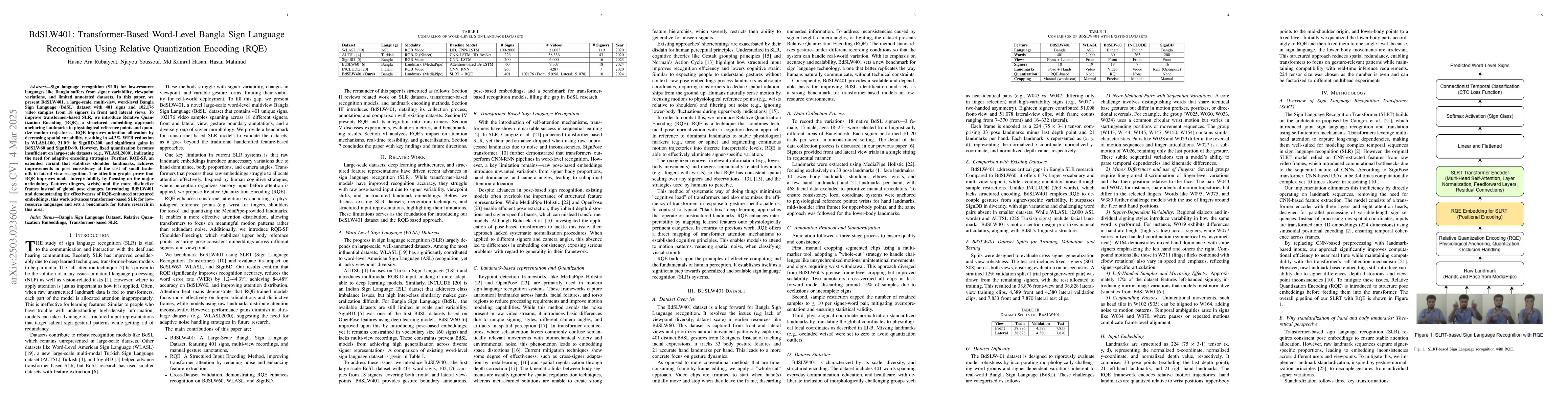 Thumbnail for BdSLW401: Transformer-Based Word-Level Bangla Sign Language Recognition
  Using Relative Quantization Encoding (RQE)