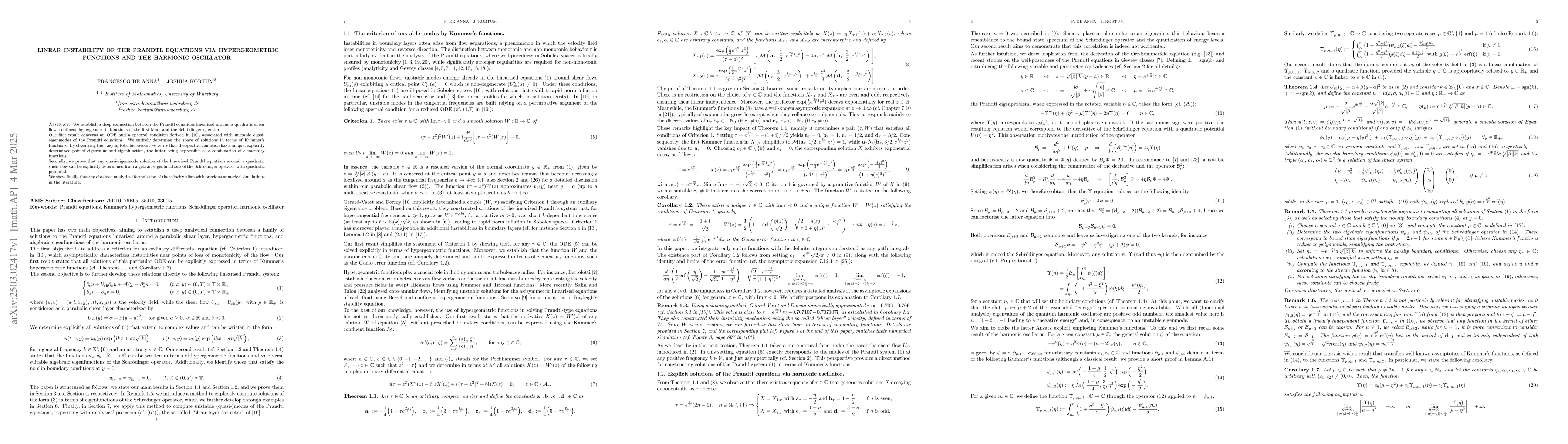 Thumbnail for Linear Instability of the Prandtl Equations via Hypergeometric Functions
  and the Harmonic Oscillator