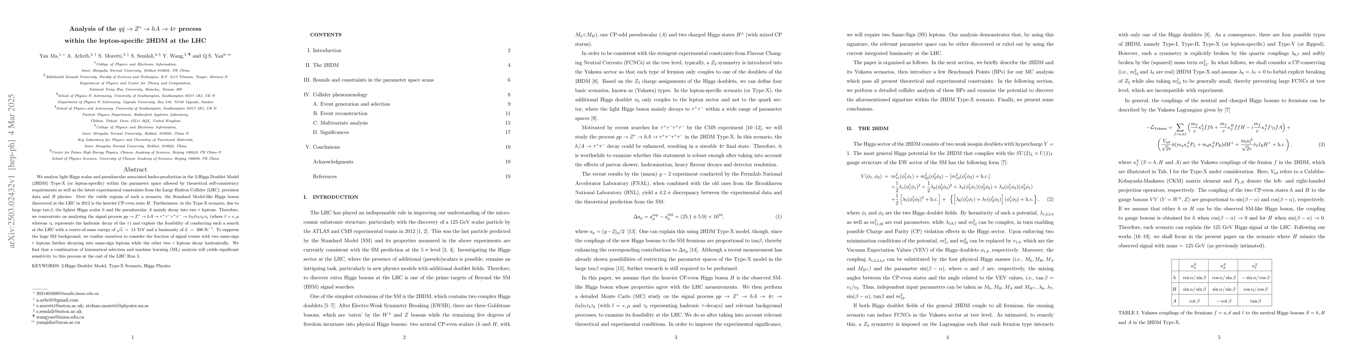 Thumbnail for Analysis of the $ q\bar q\to Z^* \to hA \to4τ$ process within the
  lepton-specific 2HDM at the LHC