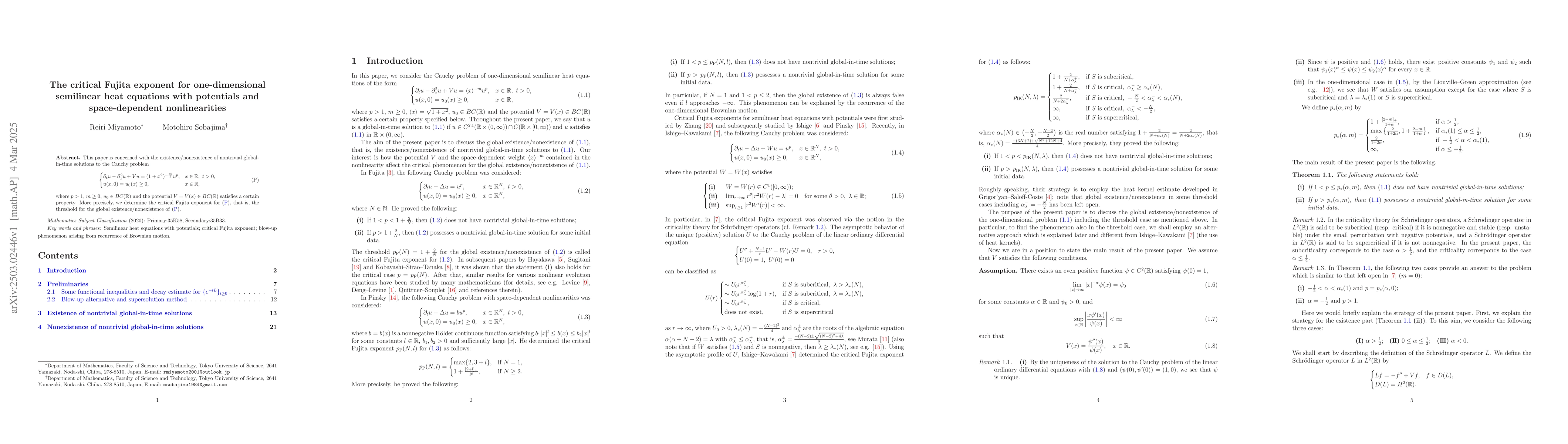 Thumbnail for The critical Fujita exponent for one-dimensional semilinear heat
  equations with potentials and space-dependent nonlinearities