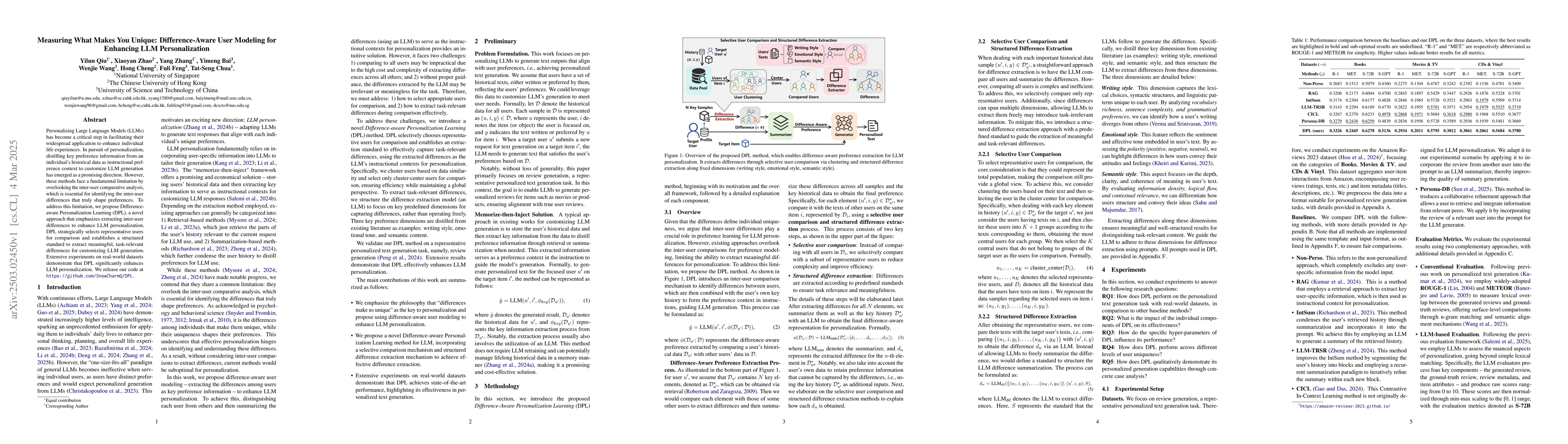 Thumbnail for Measuring What Makes You Unique: Difference-Aware User Modeling for
  Enhancing LLM Personalization