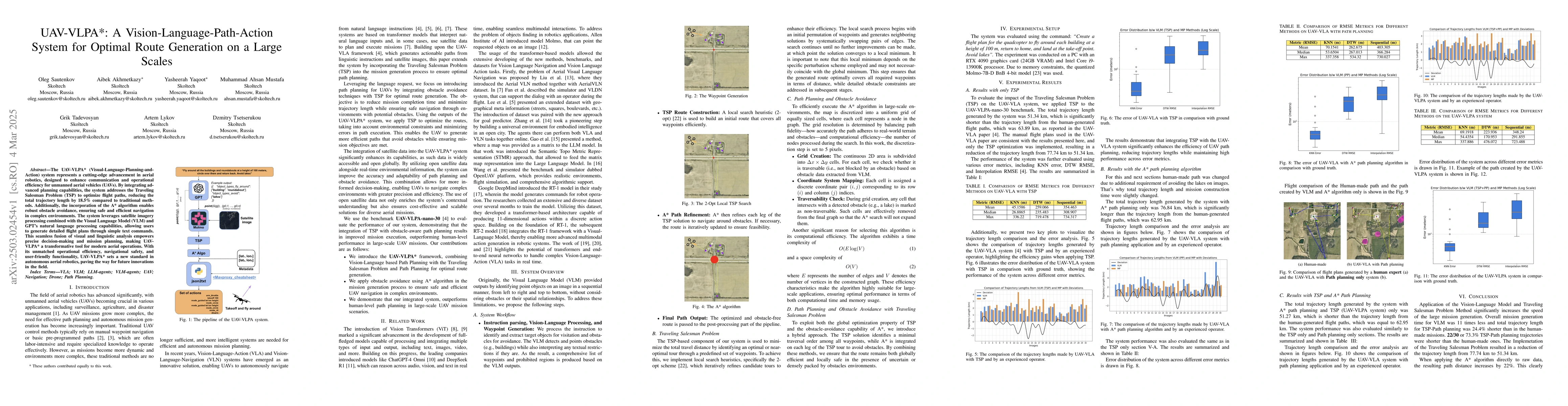 Thumbnail for UAV-VLPA*: A Vision-Language-Path-Action System for Optimal Route
  Generation on a Large Scales