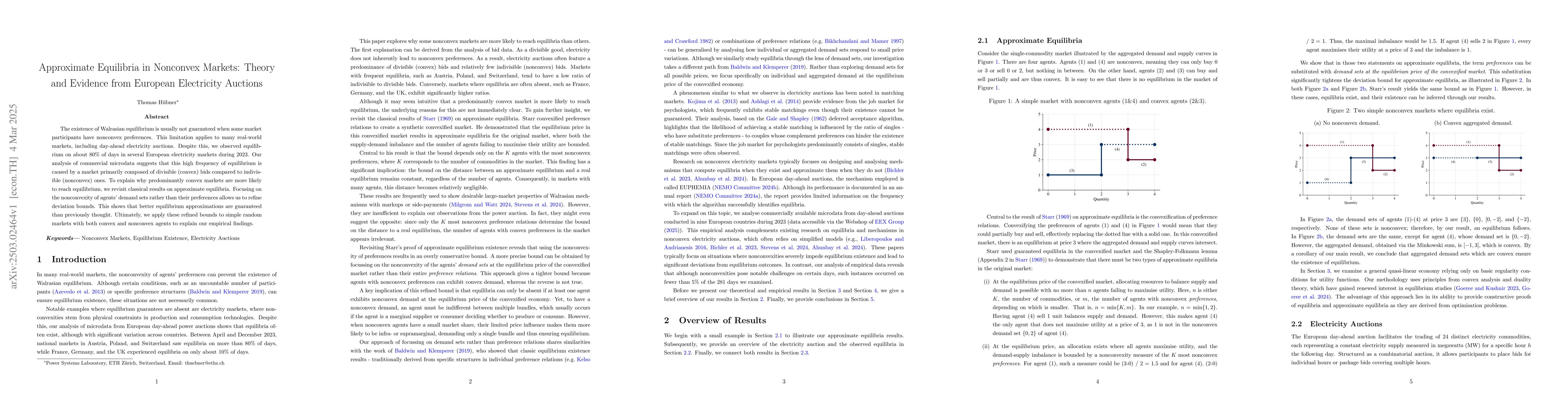 Thumbnail for Approximate Equilibria in Nonconvex Markets: Theory and Evidence from
  European Electricity Auctions