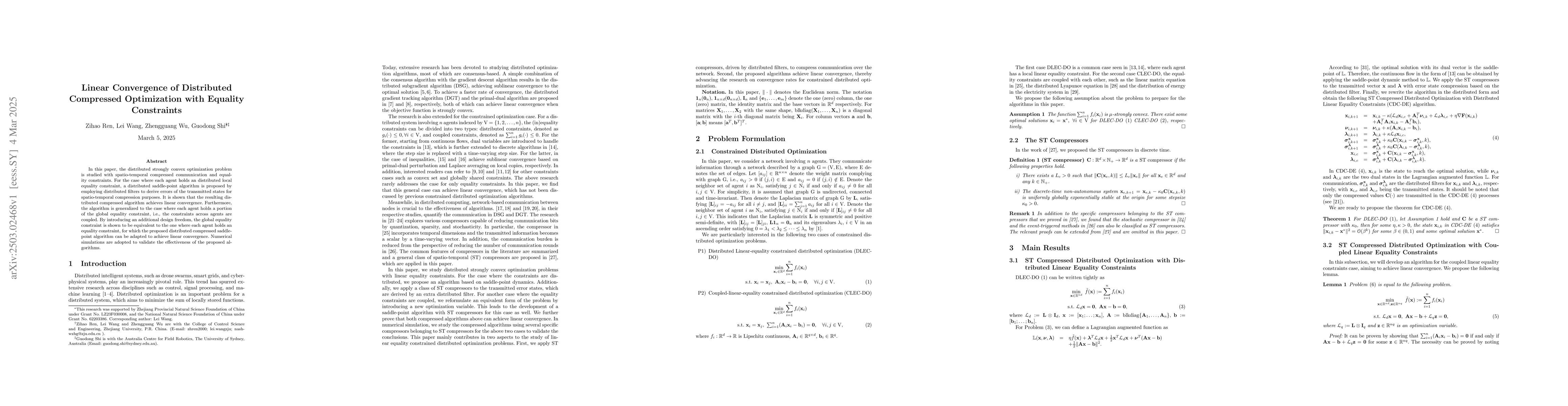 Thumbnail for Linear Convergence of Distributed Compressed Optimization with Equality
  Constraints