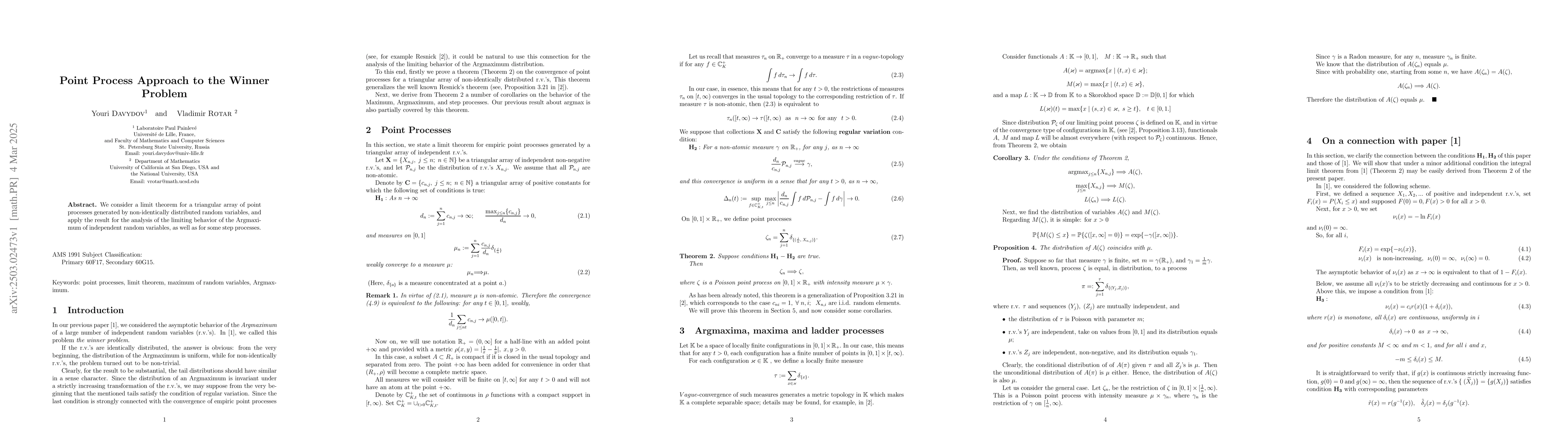 Thumbnail for Point Process Approach to the Winner Problem