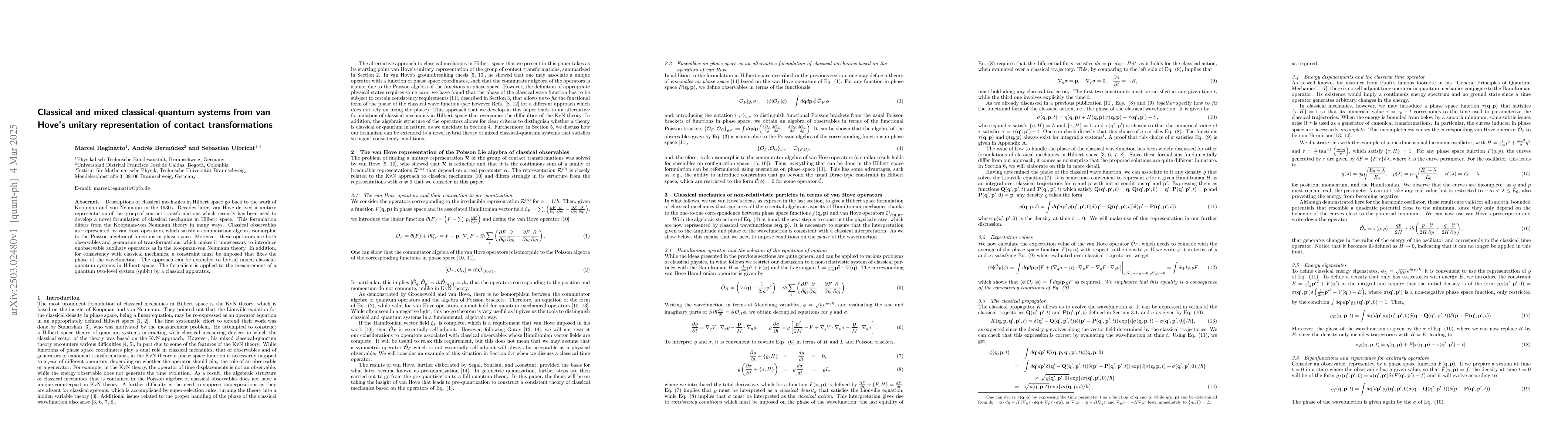 Thumbnail for Classical and mixed classical-quantum systems from van Hove's unitary
  representation of contact transformations