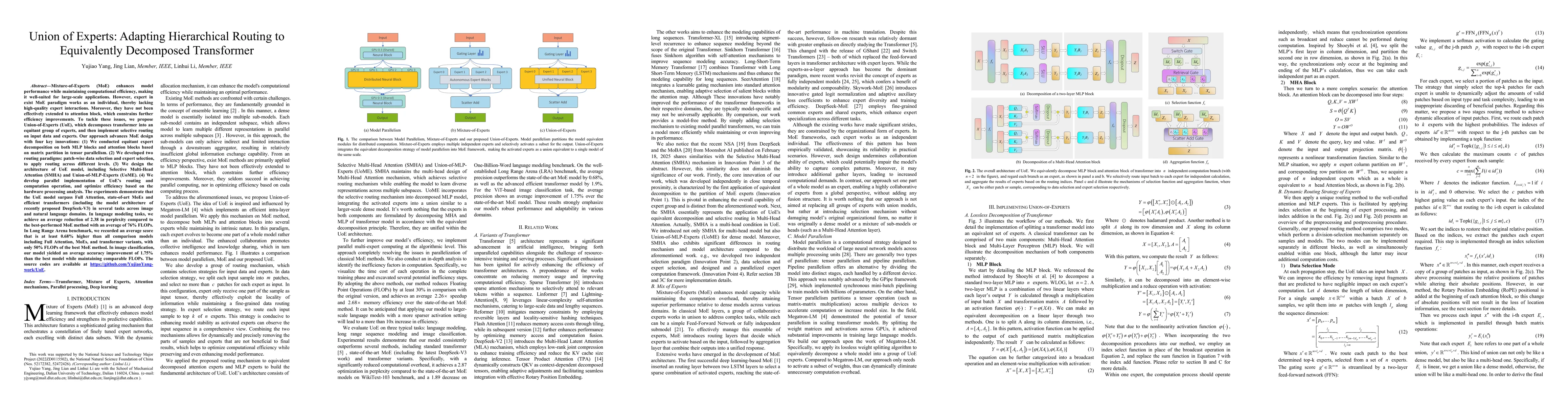 Thumbnail for Union of Experts: Adapting Hierarchical Routing to Equivalently
  Decomposed Transformer