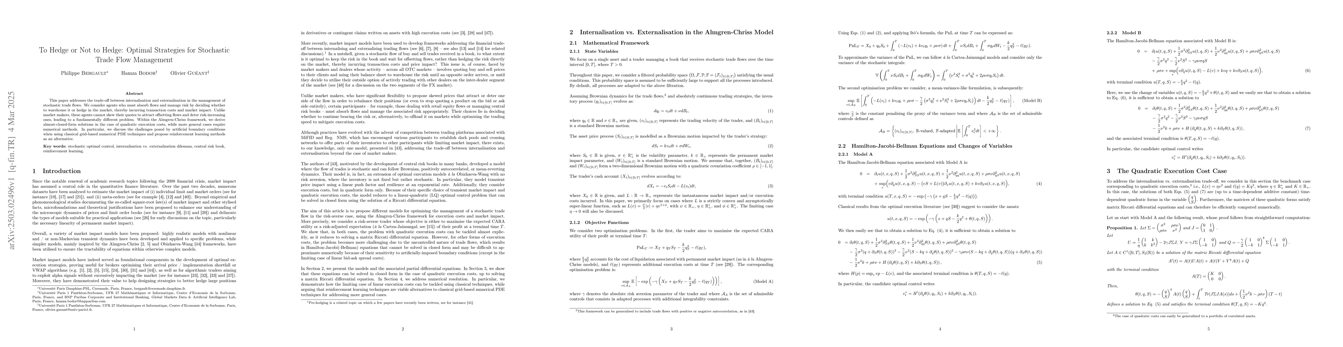 Thumbnail for To Hedge or Not to Hedge: Optimal Strategies for Stochastic Trade Flow
  Management