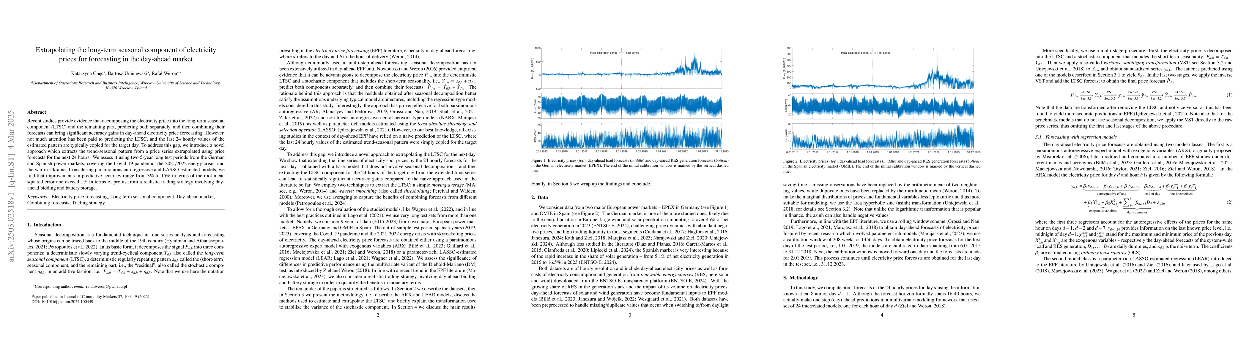 Thumbnail for Extrapolating the long-term seasonal component of electricity prices for
  forecasting in the day-ahead market