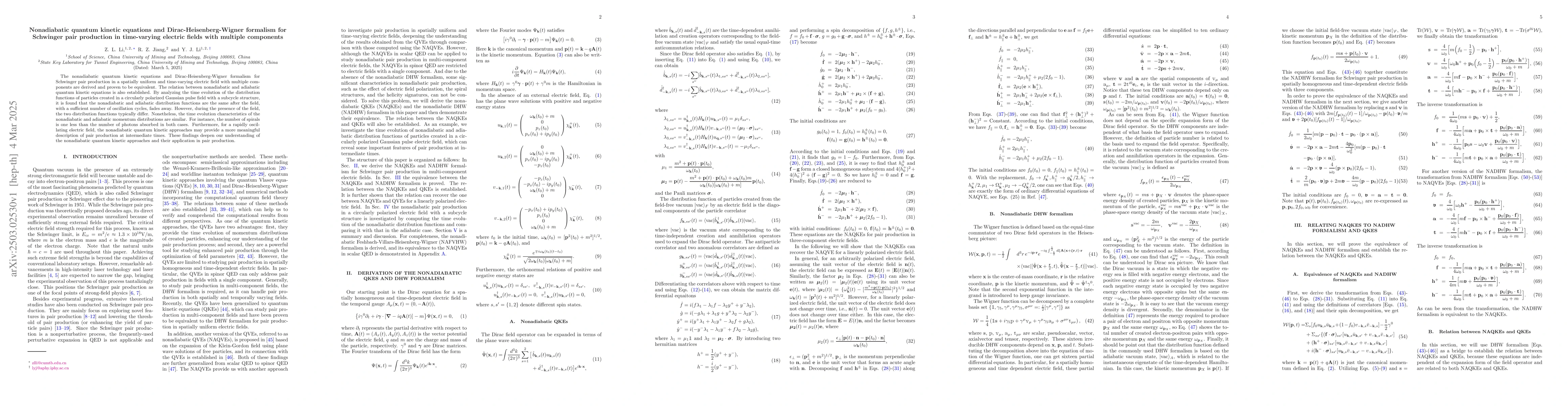 Thumbnail for Nonadiabatic quantum kinetic equations and Dirac-Heisenberg-Wigner
  formalism for Schwinger pair production in time-varying electric fields with
  multiple components