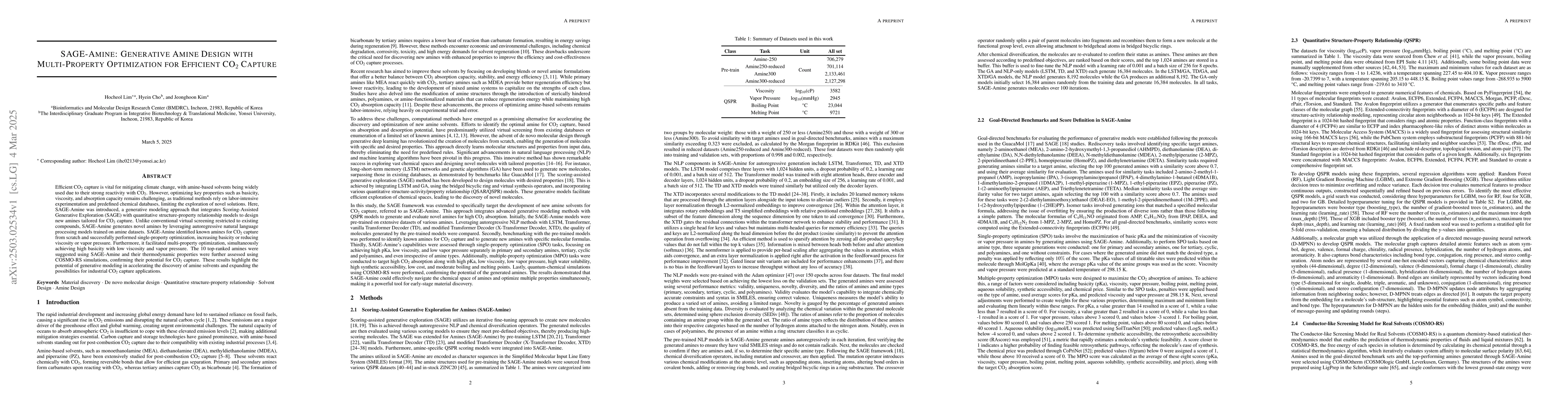 Thumbnail for SAGE-Amine: Generative Amine Design with Multi-Property Optimization for
  Efficient CO2 Capture