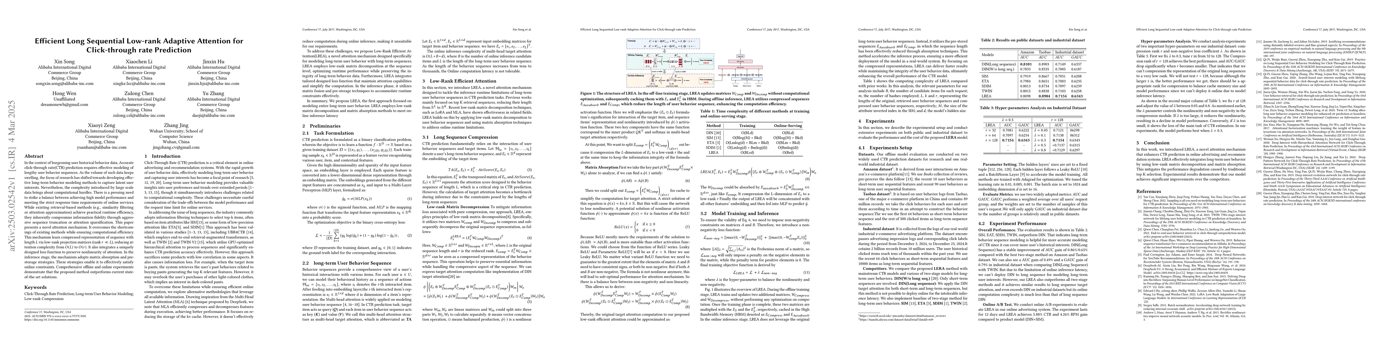 Thumbnail for Efficient Long Sequential Low-rank Adaptive Attention for Click-through
  rate Prediction