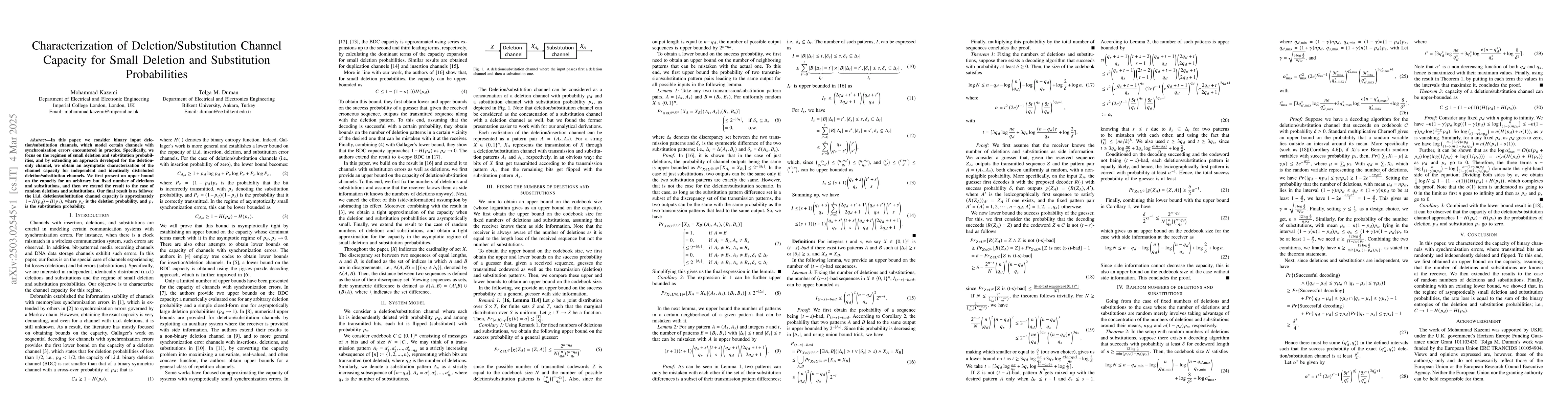 Thumbnail for Characterization of Deletion/Substitution Channel Capacity for Small
  Deletion and Substitution Probabilities