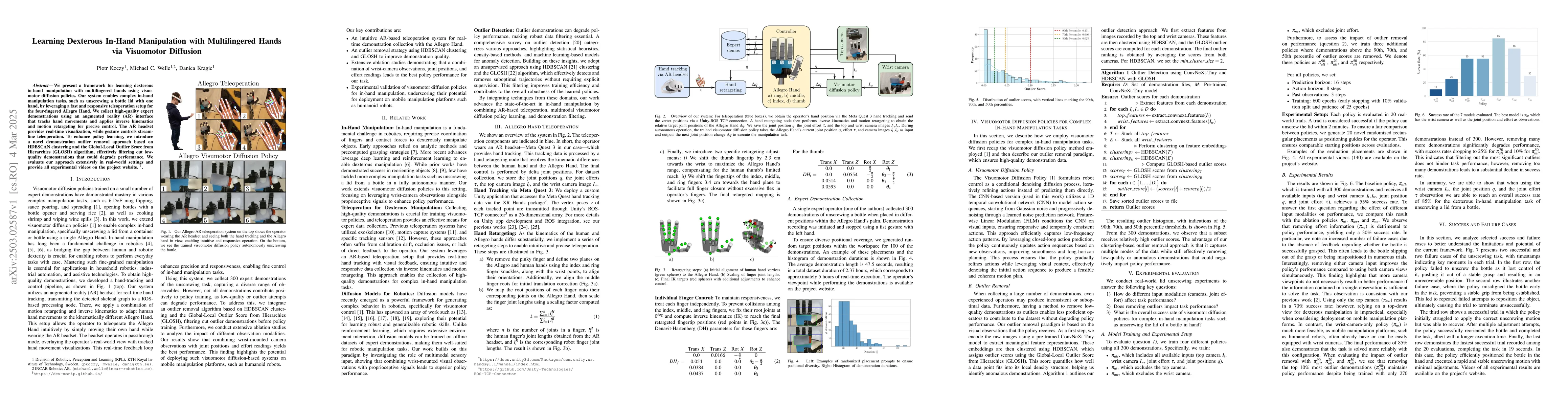 Thumbnail for Learning Dexterous In-Hand Manipulation with Multifingered Hands via
  Visuomotor Diffusion