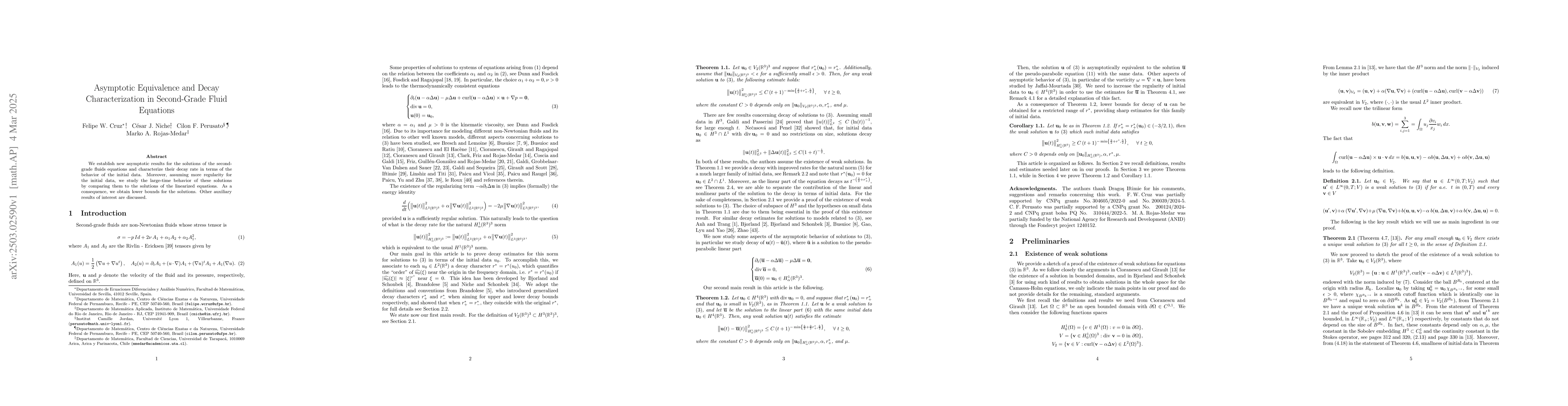 Thumbnail for Asymptotic Equivalence and Decay Characterization in Second-Grade Fluid
  Equations