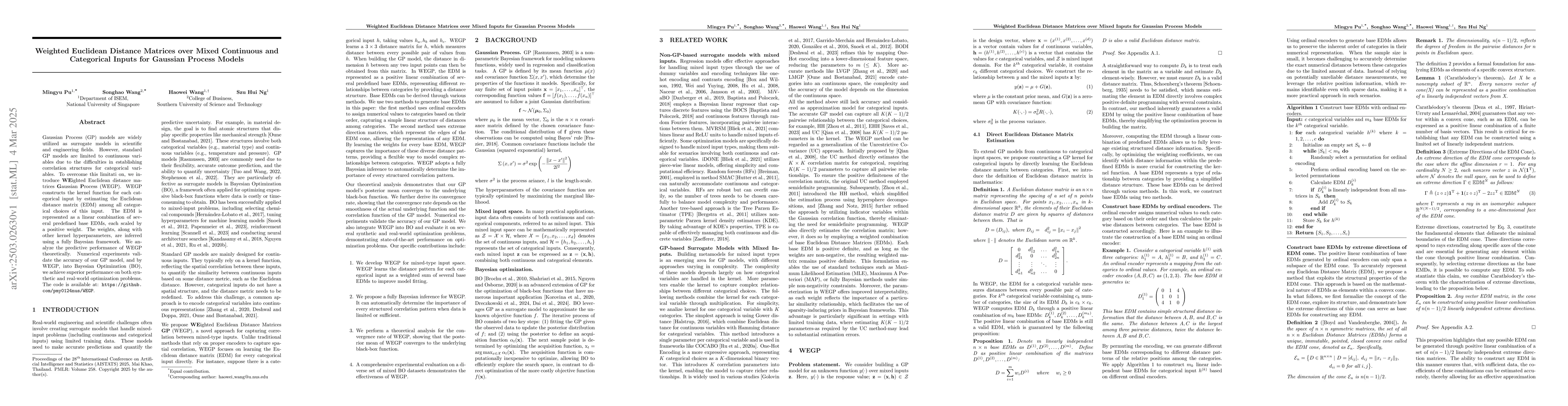 Thumbnail for Weighted Euclidean Distance Matrices over Mixed Continuous and
  Categorical Inputs for Gaussian Process Models