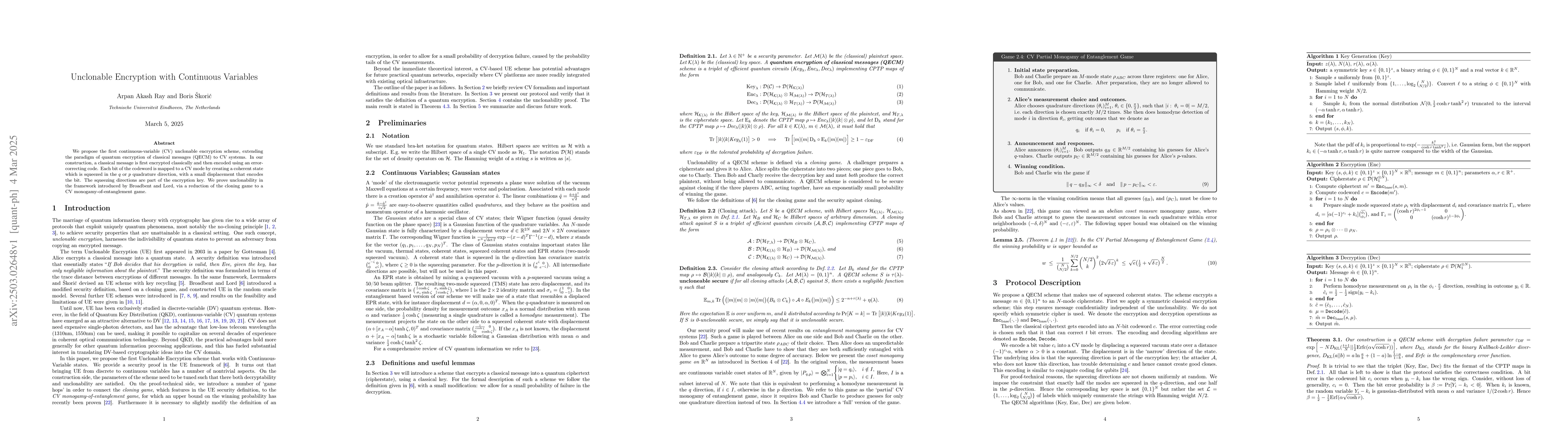 Thumbnail for Unclonable Encryption with Continuous Variables