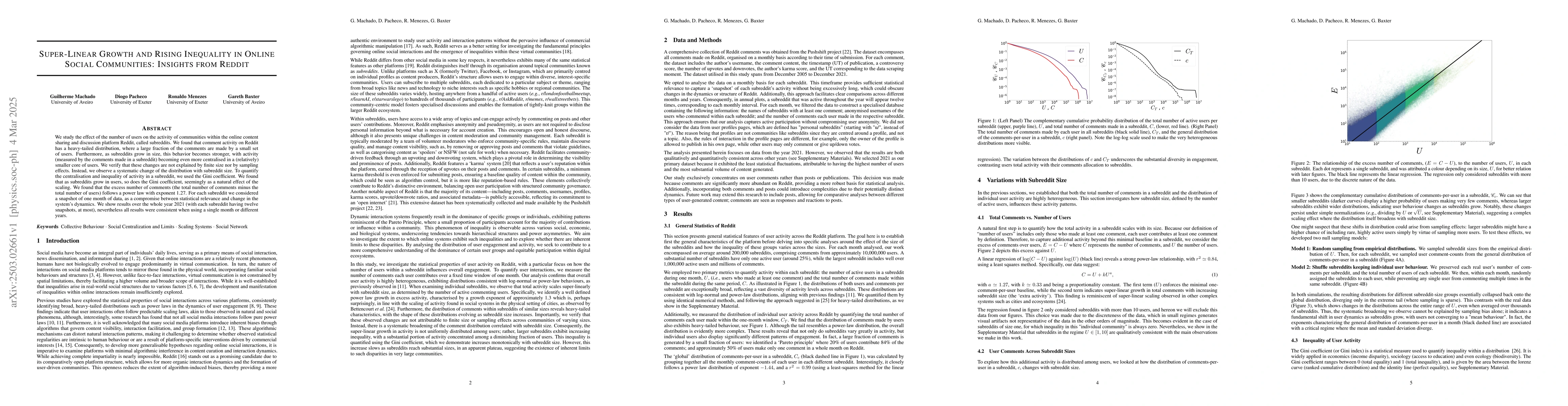 Thumbnail for Super-Linear Growth and Rising Inequality in Online Social Communities:
  Insights from Reddit