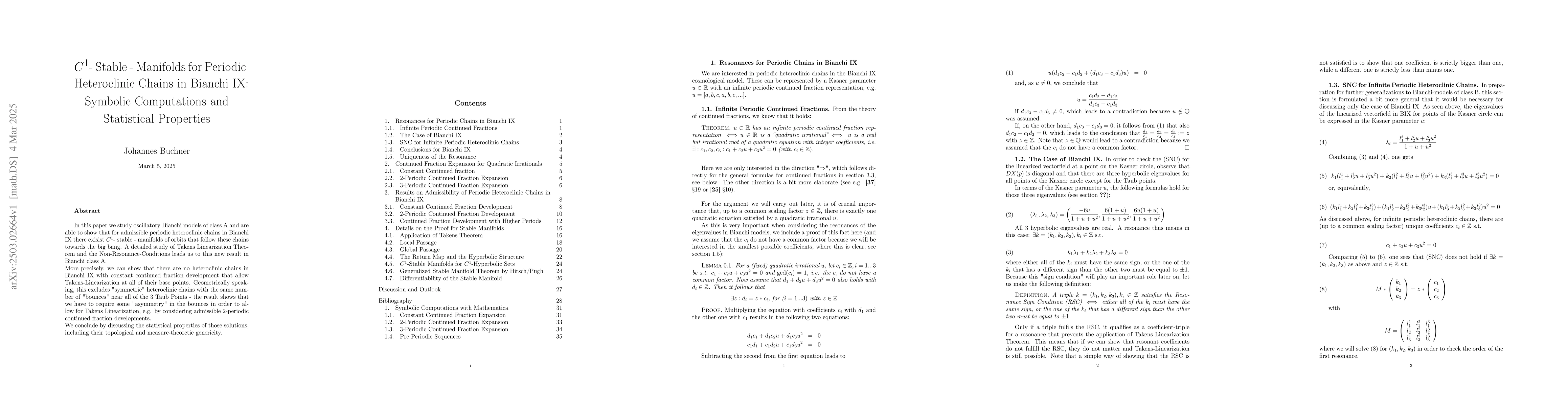 Thumbnail for $C^{1}$-Stable-Manifolds for Periodic Heteroclinic Chains in Bianchi IX:
  Symbolic Computations and Statistical Properties