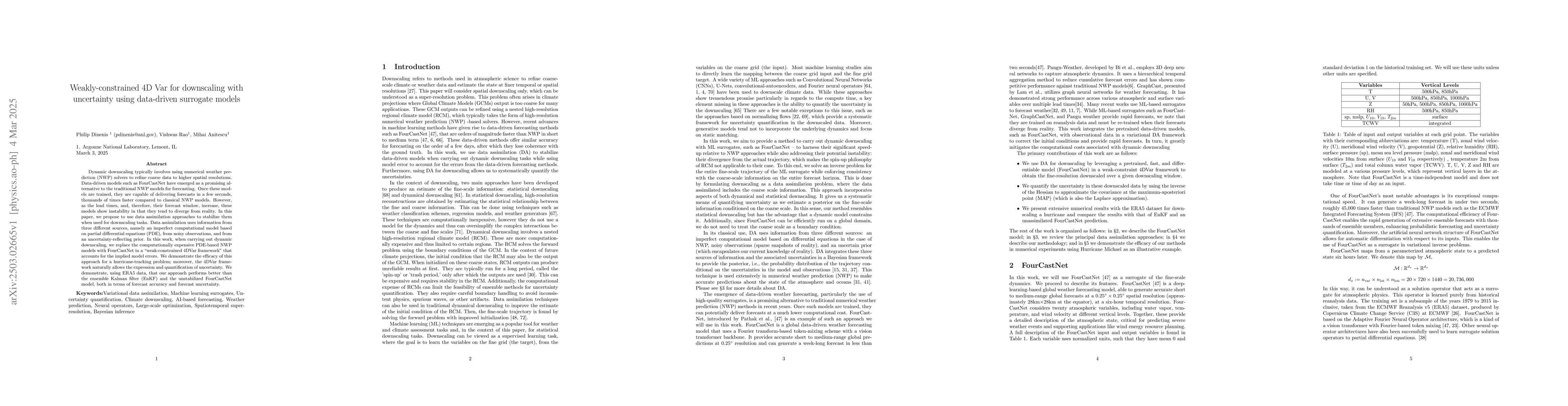 Thumbnail for Weakly-Constrained 4D Var for Downscaling with Uncertainty using
  Data-Driven Surrogate Models