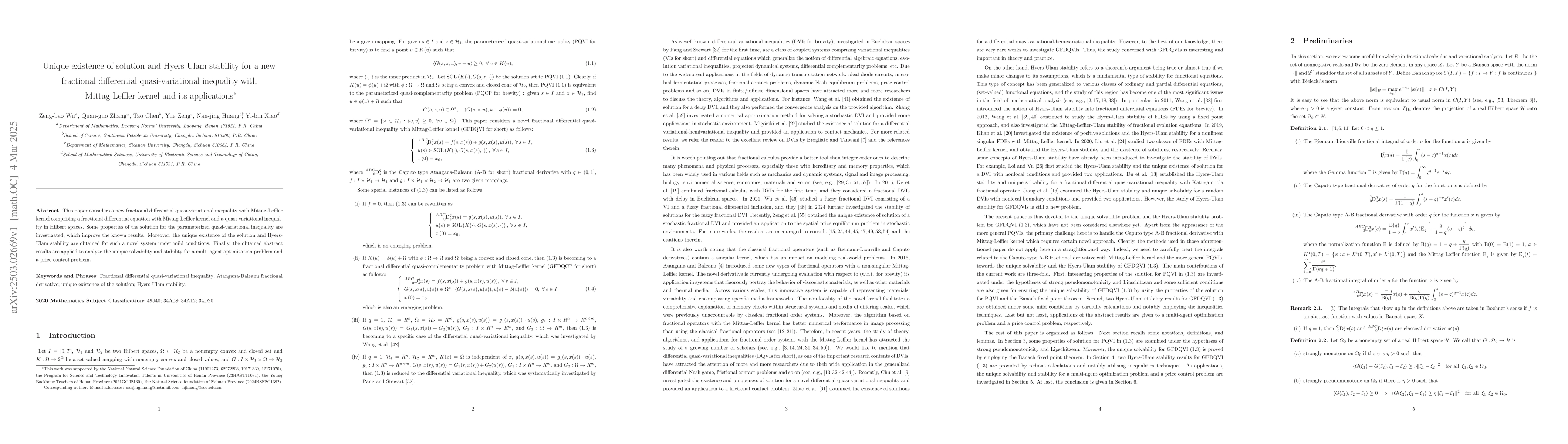 Thumbnail for Unique existence of solution and Hyers-Ulam stability for a new
  fractional differential quasi-variational inequality with Mittag-Leffler
  kernel and its applications