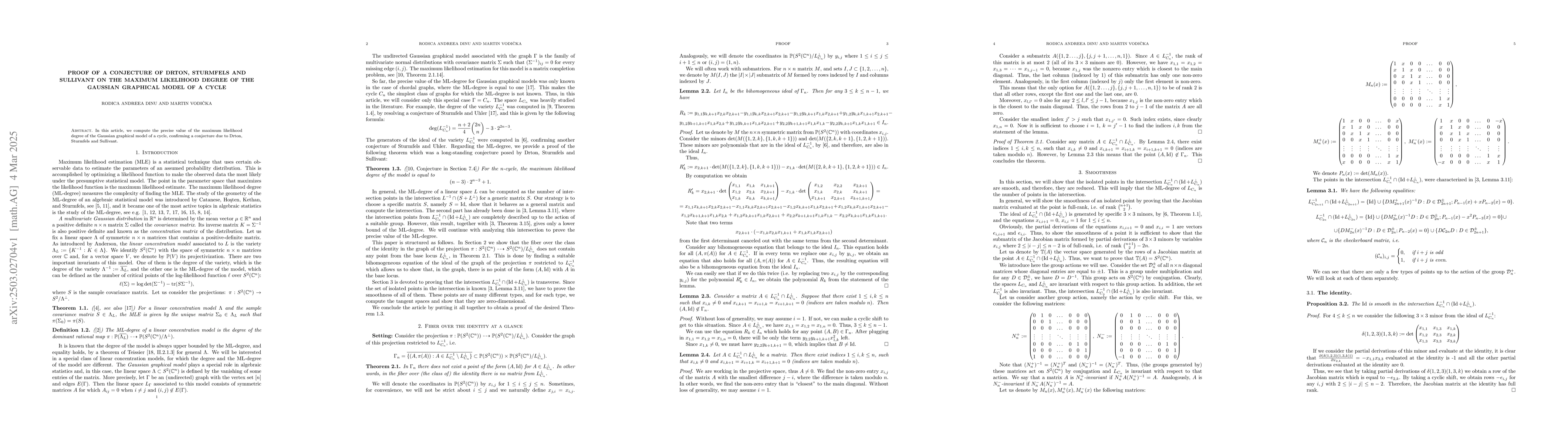 Thumbnail for Proof of a Conjecture of Drton, Sturmfels and Sullivant on the maximum
  likelihood degree of the Gaussian graphical model of a cycle
