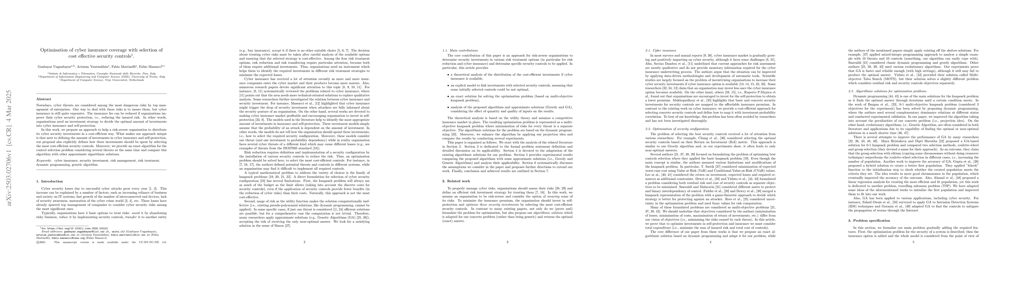Thumbnail for Optimisation of cyber insurance coverage with selection of cost
  effective security controls