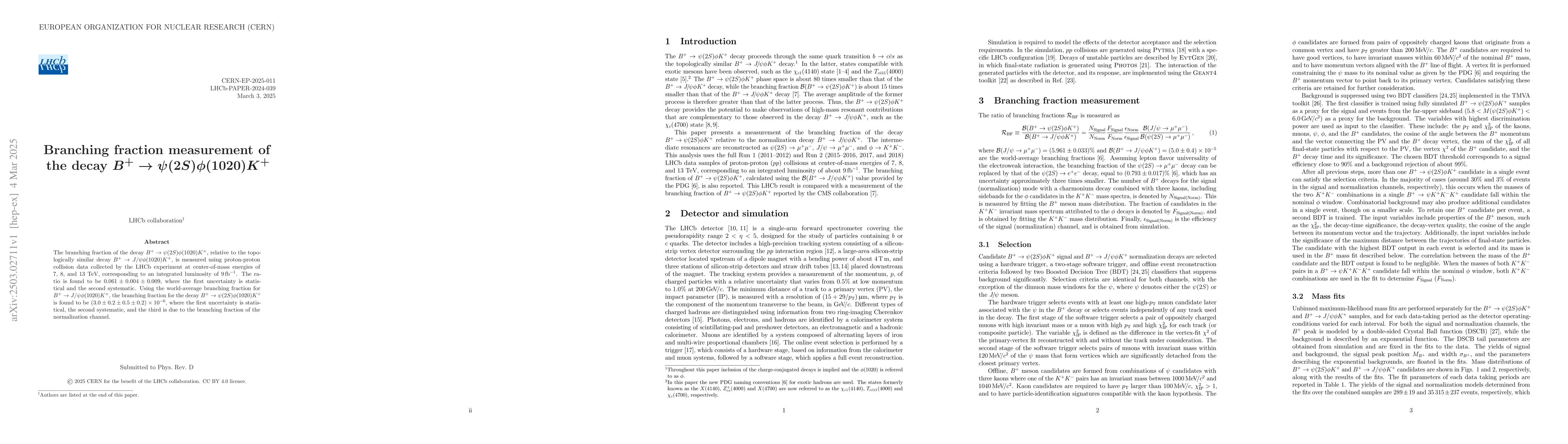 Thumbnail for Branching fraction measurement of the decay $B^+ \to ψ(2S) φ(1020)
  K^+$