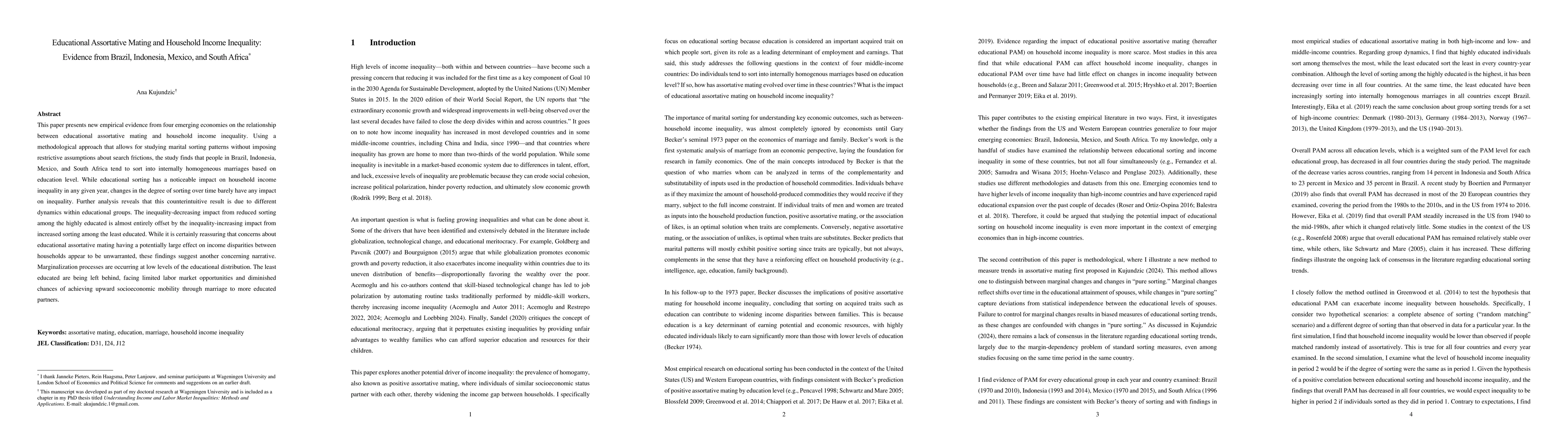 Thumbnail for Educational Assortative Mating and Household Income Inequality: Evidence
  from Brazil, Indonesia, Mexico, and South Africa