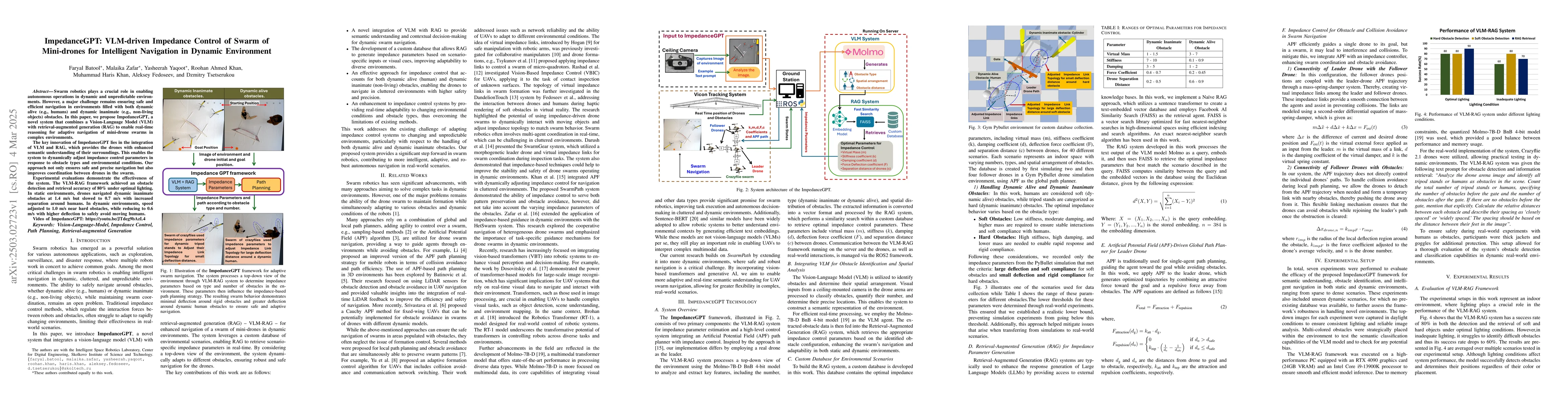 Thumbnail for ImpedanceGPT: VLM-driven Impedance Control of Swarm of Mini-drones for
  Intelligent Navigation in Dynamic Environment